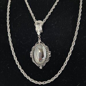 Whiting & Davis Silver Pendant with Large Hematite Cabochon on Chain Necklace